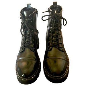 Black Lug Sole Ankle Boots Womens Lace Up Combat Style Side Zipper